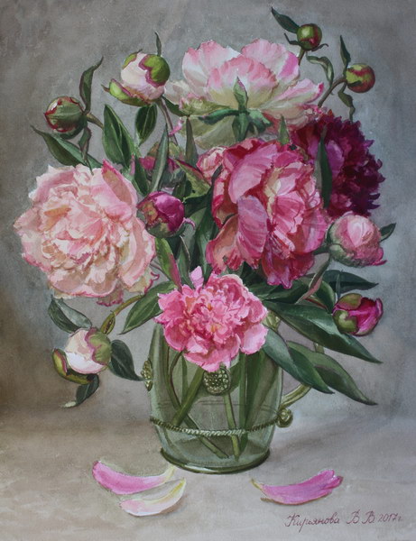 Victoria Kiryanova. Bouquet de pivoines roses, 2017